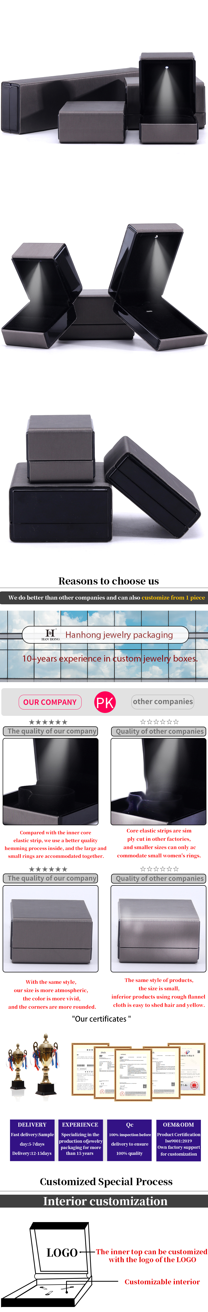 Hanhong Custom Logo LED Light Jewelry Packaging Box in Gray for Bracelet Necklace and Ring