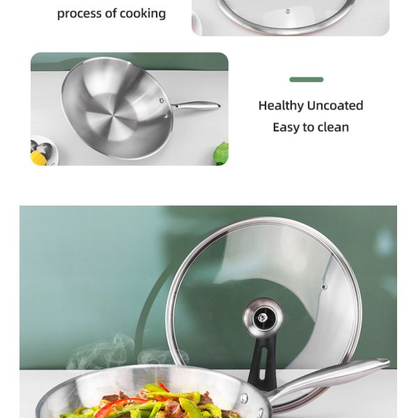 Customized Kitchen 18/8 Stainless Steel Wok Tri-ply Non-stick Frying Pan Honeycomb Wok With Glass Lid