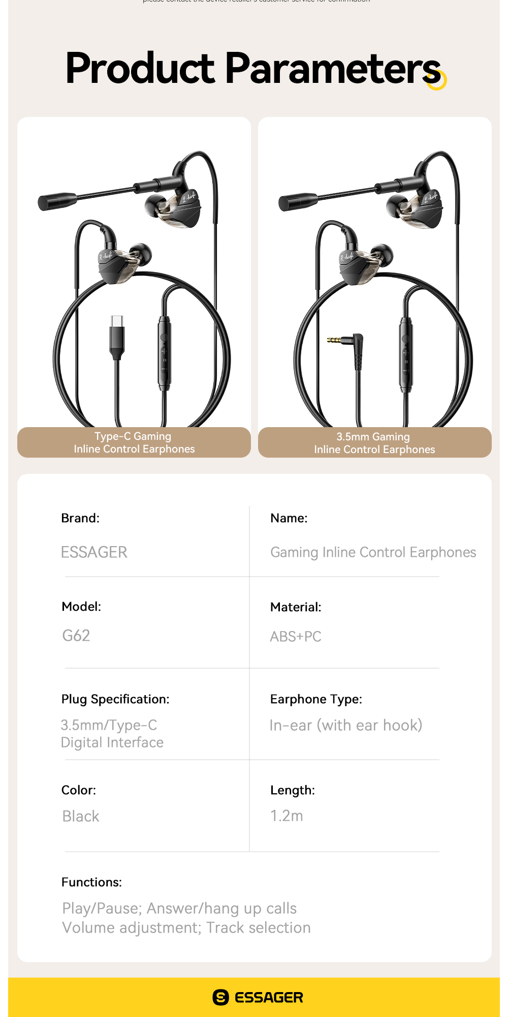 ESSAGER G62 in Ear USB Type C Jack Aux 3.5mm Earphone Earbuds