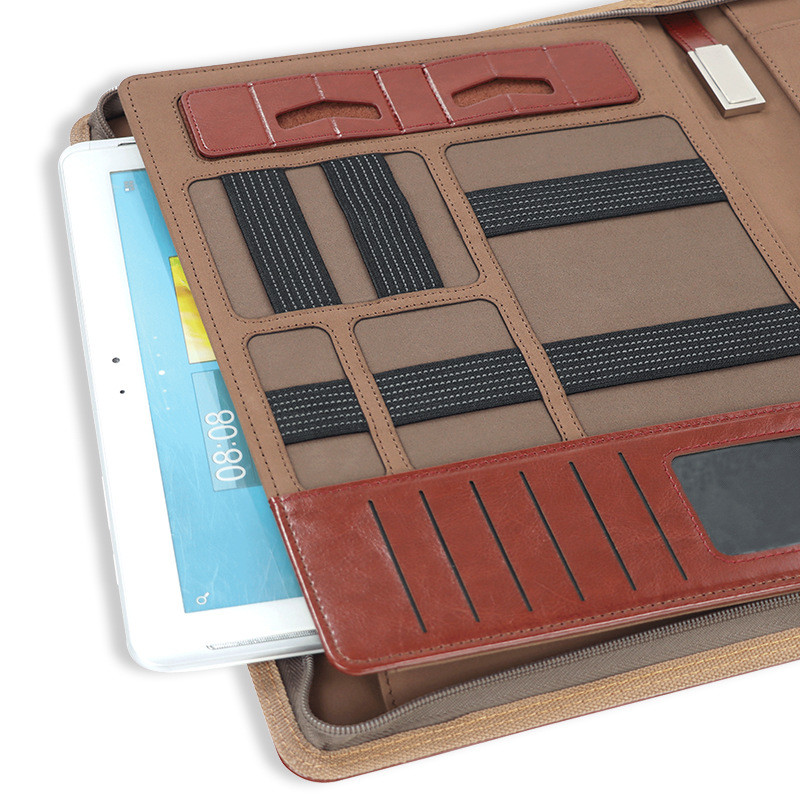 Handheld Executive Leather Business Portfolio Portable Multipurpose With Power Bank