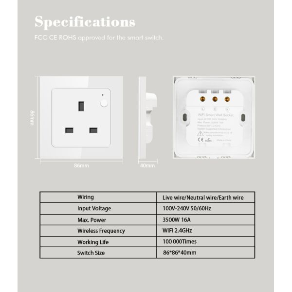 Tuya Wifi Smart 16 Amp Socket UK Remote/Voice Control Glass Panel Smart Electrical Outlet