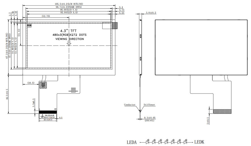 230cd/M2 FPC Resistive LCD Display 4.3 Inch 480x272 Thin Film Transistor Monitor