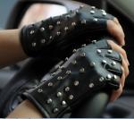 Black PU Leather Studded Lined Biker Punk Driving Fingerless gloves Eyelets