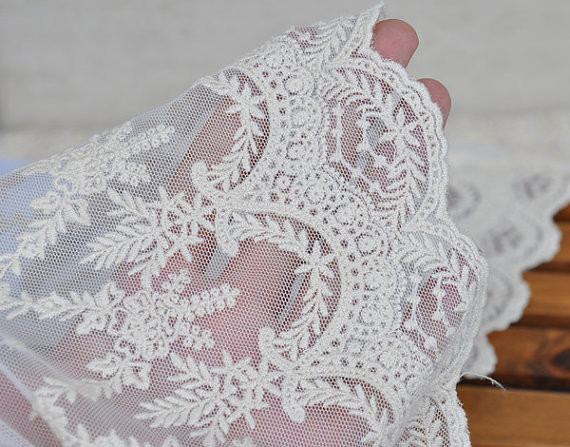 Beige Floral Embroidery Mesh Lace Ribbon Trim , Cotton Nylon Tulle Lace Trim