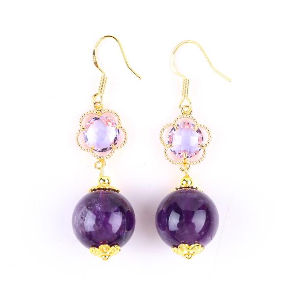 Handmade Amethyst Natural Crystal 14MM Big Round Shape Beaded Short Dangle