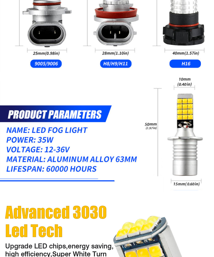 High Power Universal Automobile Fog Lights Two Color Light H11 9006 881 H3 H8 H7 3030