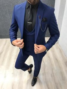 Wholesale Navy Blue Custom Mens 3 Piece Tuxedo Suit For Groom
