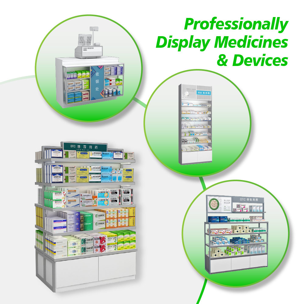 JYaS-YZ-04B Minimalist Modern Style Pharmacy Center Cabinet With White Glossy Boards And Aluminum Price Tag Slot