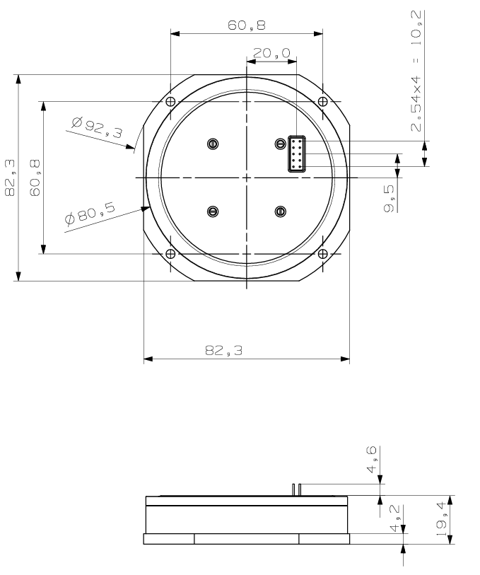 MFOG-910 Fiber Optic Gyroscope outline diagram - front view