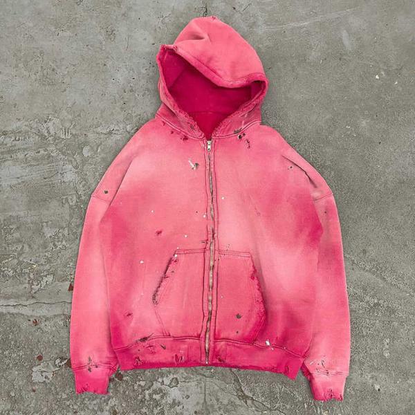 Acid Wash Zip Up Hoodie Mens Women'S 500gsm Blank Pink Acid Wash Vintage Ripped