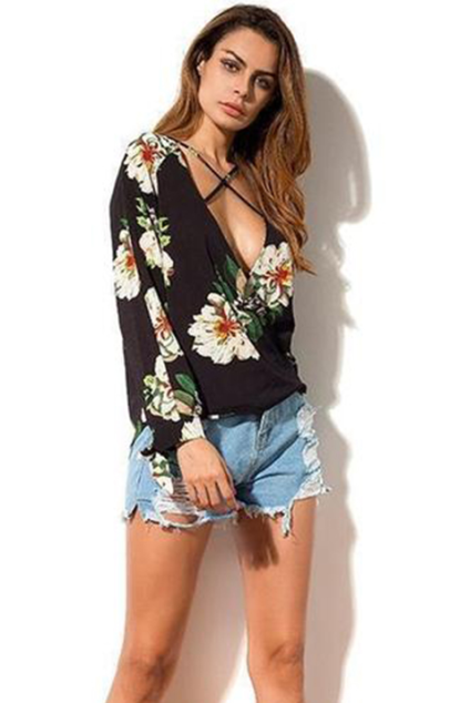 Women Low Neck Floral Chiffon Long Sleeve Top