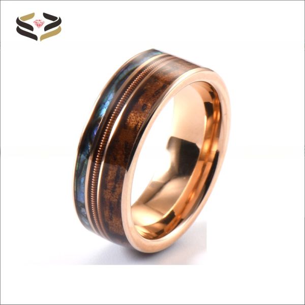 8mm Men Women Wedding Engagement Band with Rose Gold Guitar String Koa Wood and Abalone Shell Inlay Religious Type Other