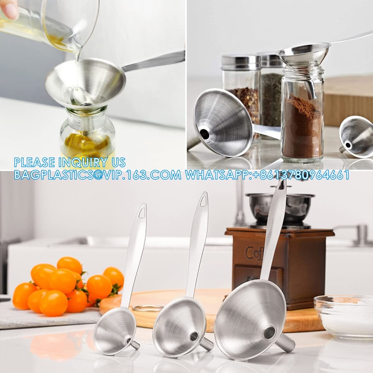Funnels For Filling Bottles, 3 Pcs Stainless Steel Kitchen Funnel Set With Long Handle, Food Grade Mini Metal Funnel