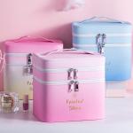 Debossed Logo PU Leather Travel Double Layers Cosmetic Makeup Bag Case