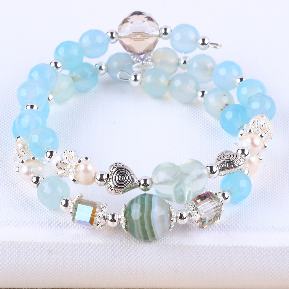 8MM Multifacted Blue Agate Round Shape Bead And White Fresh Water Pearl Adjustable Bangle