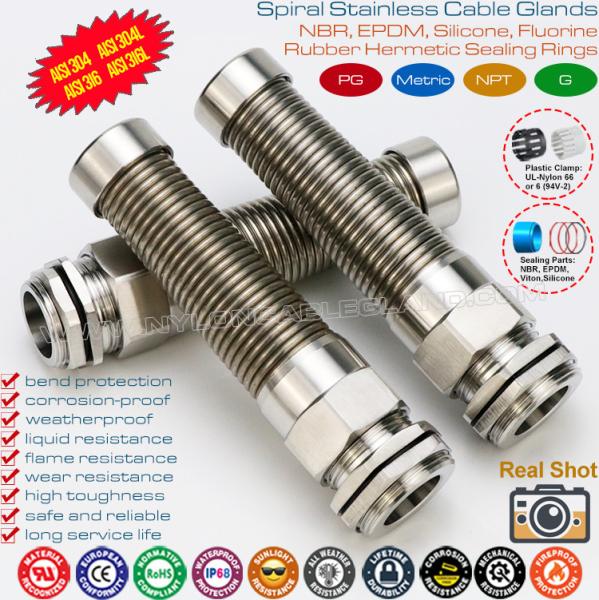 SS304 / SS316 Stainless Steel Metallic PG Cable Glands IP68 with Spiral