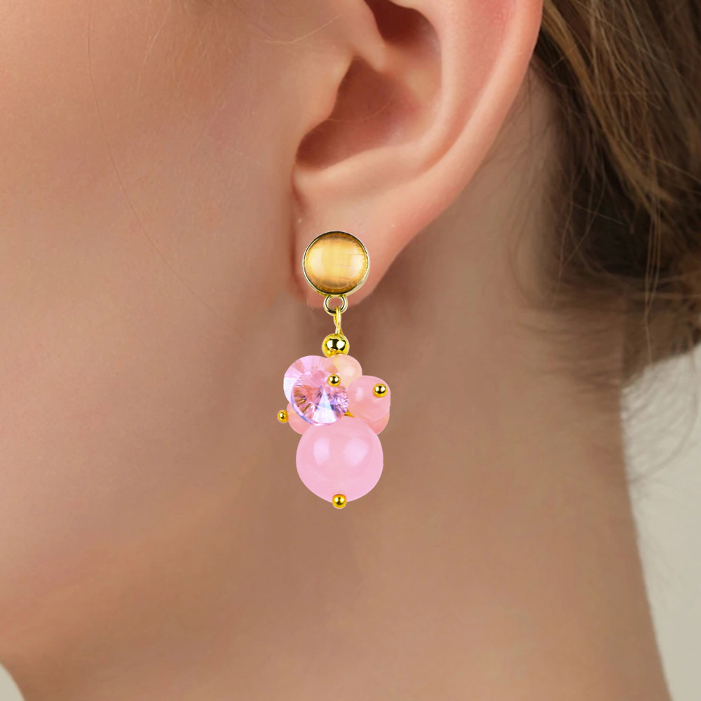 Pink Chalcedony Crystal Stone Unique DIY Oval Pendant Round Bead Stud Earrings For Daily Wear
