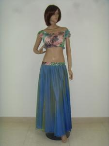 Wholesale Performance Belly Dancing Clothes Harem Floral Plain Neckline Bra Illusion Blue Long Skirt from china suppliers