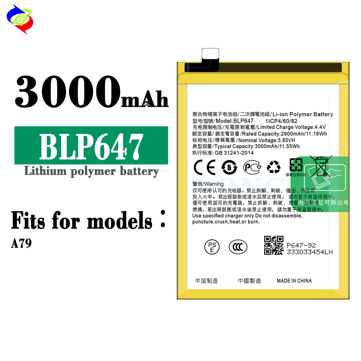 Rechargeable Batteries 4.4V 3000mAh Li-Polymer BLP647 for OPPO A79 2017 Mobile Phones