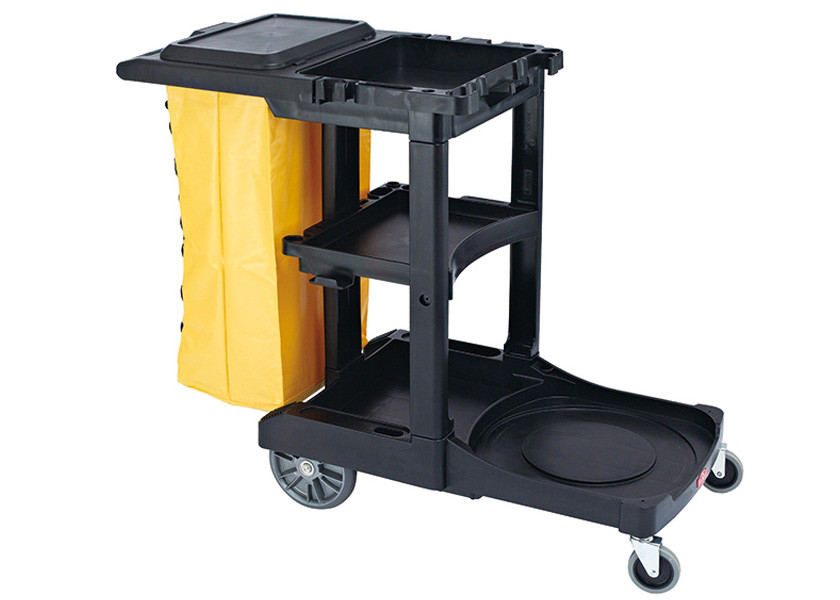 Black Plastic Cleaning Cart with 3 Shelves and Yellow Vinyl Bag 4'' Non - Marking Casters and 8" Rear Wheels