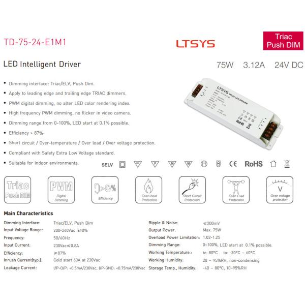 200-240V input Dimmable Led Driver , LED Triac Driver DC24V 75W Constant Voltage