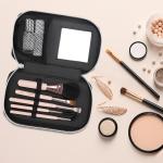 Small Luxury Custom Cosmetic Bag Black Leather Makeup Pouch Women 7X1X3.9 Inch