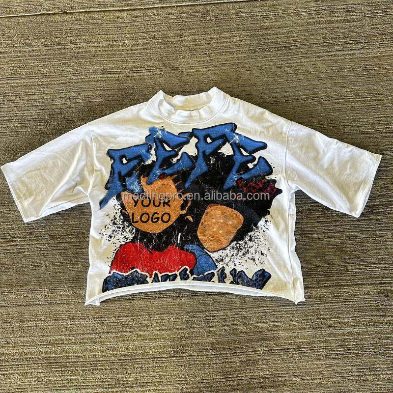 Streetwear Custom Logo Dtg Printing Design Short Sleeve Mens Graphic Cut and Sew Boxy Fit Cropped T-Shirt