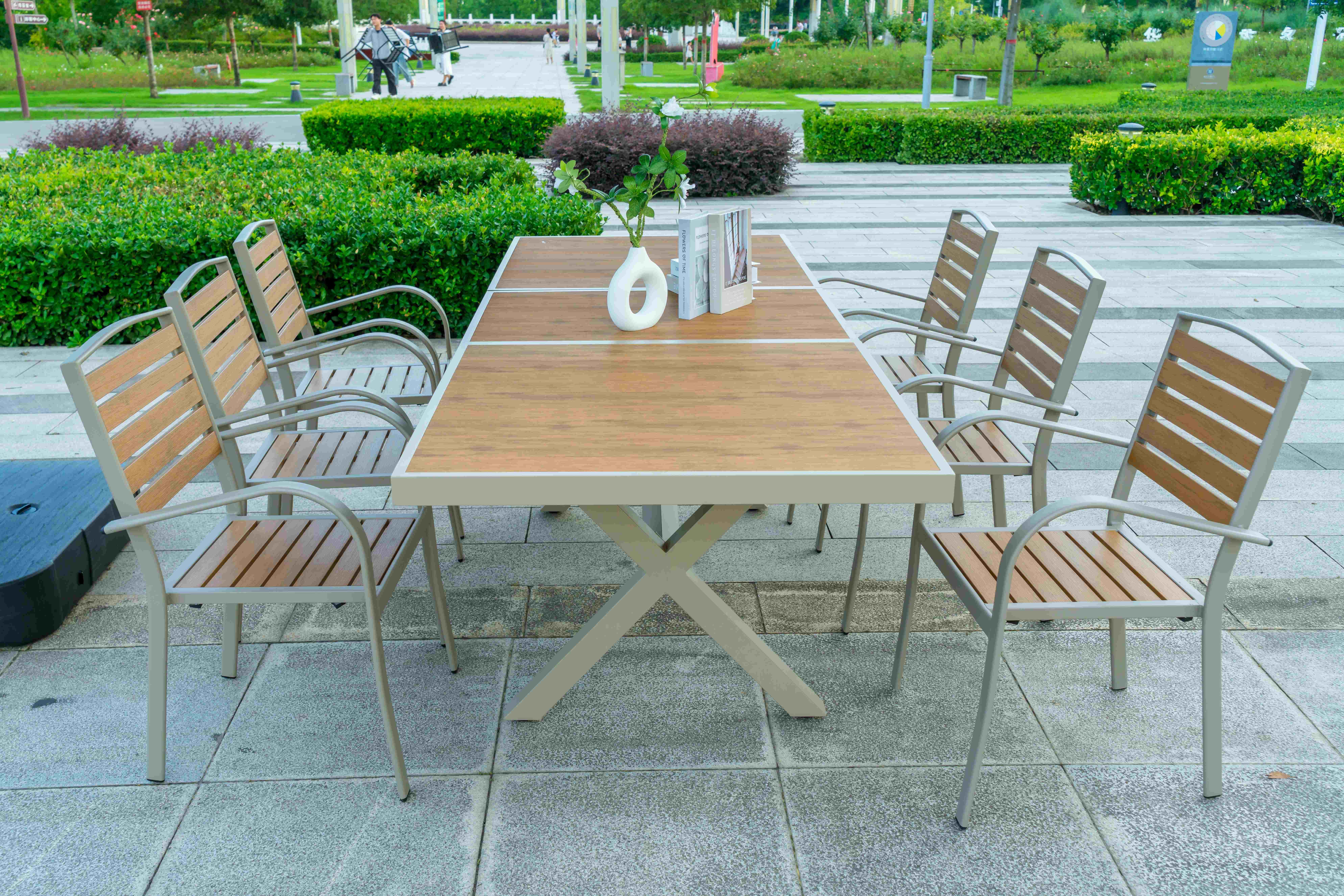 7 Pieces New Design Cheap American Style Cafe Restaurant Plastic Wooden Dining Table And Chairs Ferniture Set