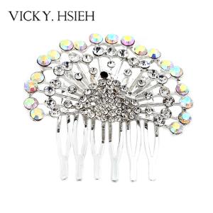 Wholesale VICKY.HSIEH Siver Tone Luxury Peacock Pave Crystal AB Rhinestone Hair Comb from china suppliers