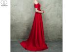 Short Sleeve Long Tail Gown / Red Satin Evening Gown Bust Back Beaded For Women