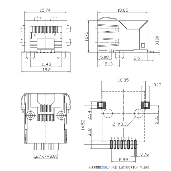 LPJE8802-3C-M7NLR Shielded RJ45 8P8C Modular Jack Latch Down