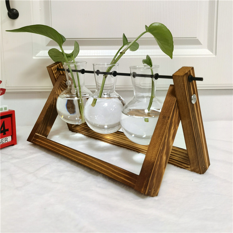 Wholesale Plant Terrarium with Wooden Stand Bulb Glass Vase Retro Tabletop for Hydroponics Home Garden Office Decoration