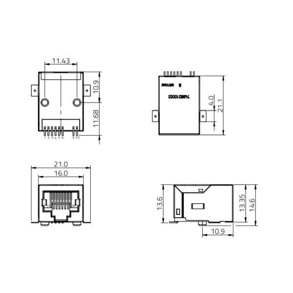 7498210002 100BASE-TX PoE+ RJ45 Connector with Integrated Magnetics