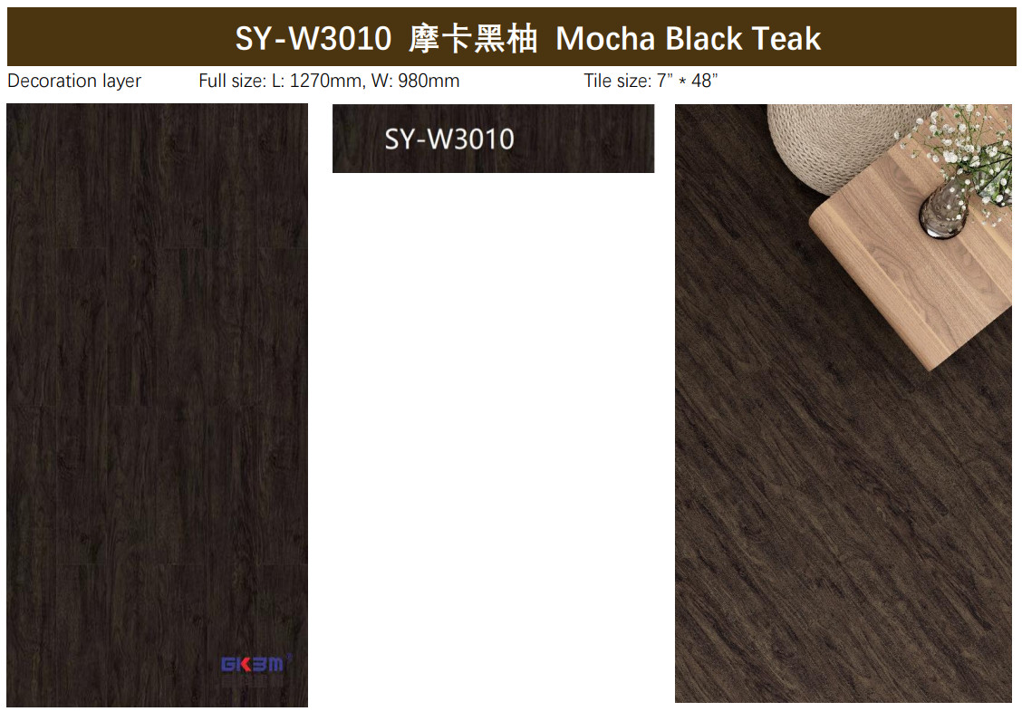 Eco Friendly SPC Flooring 4mm Waterproof Fireproof E0 Formaldehyde Mocha Black Teak GKBM SY-W3010