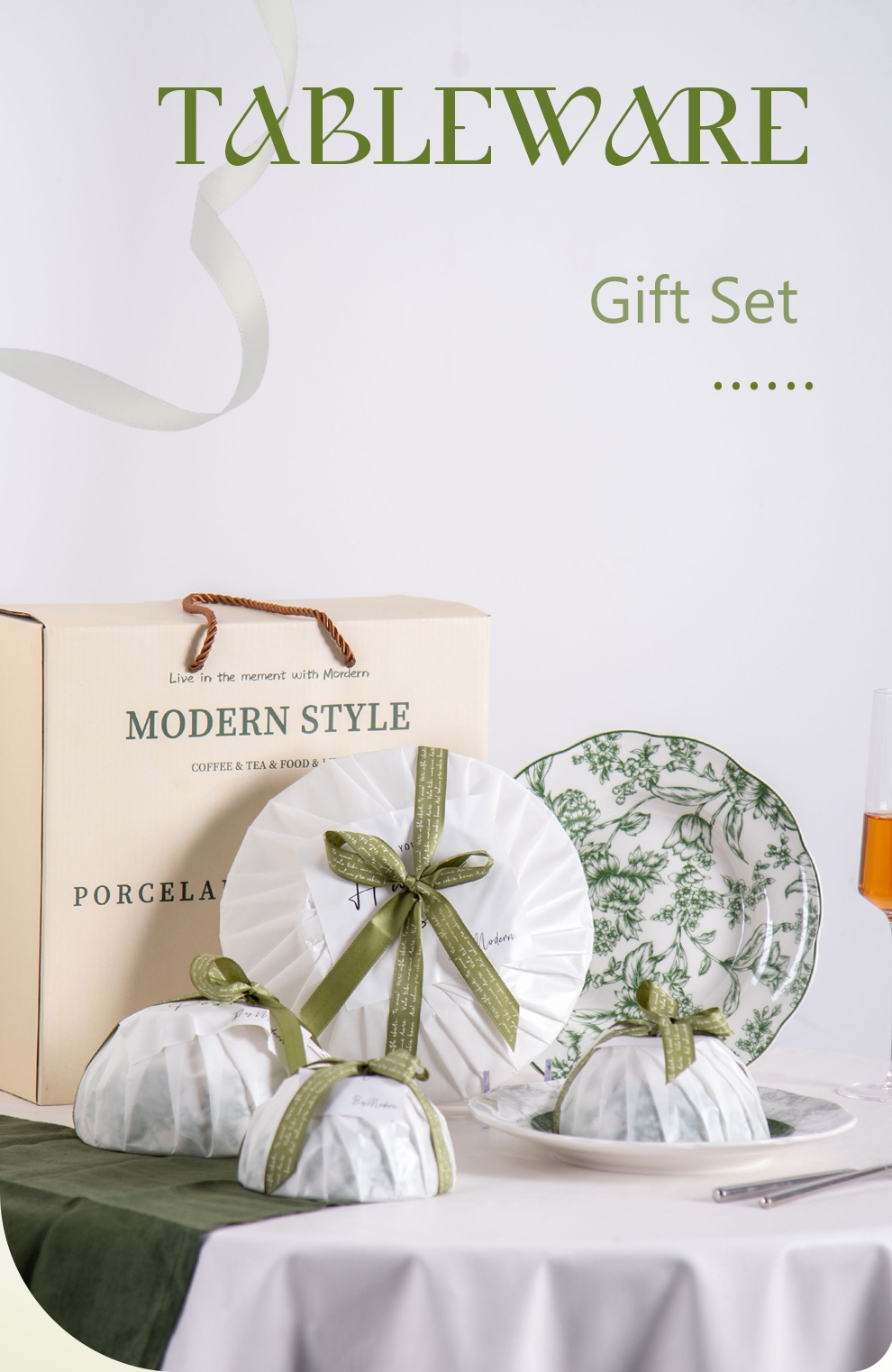 Green Floral Ceramic Plates Sets For 6 Users Exquisite Porcelain Utensils Included