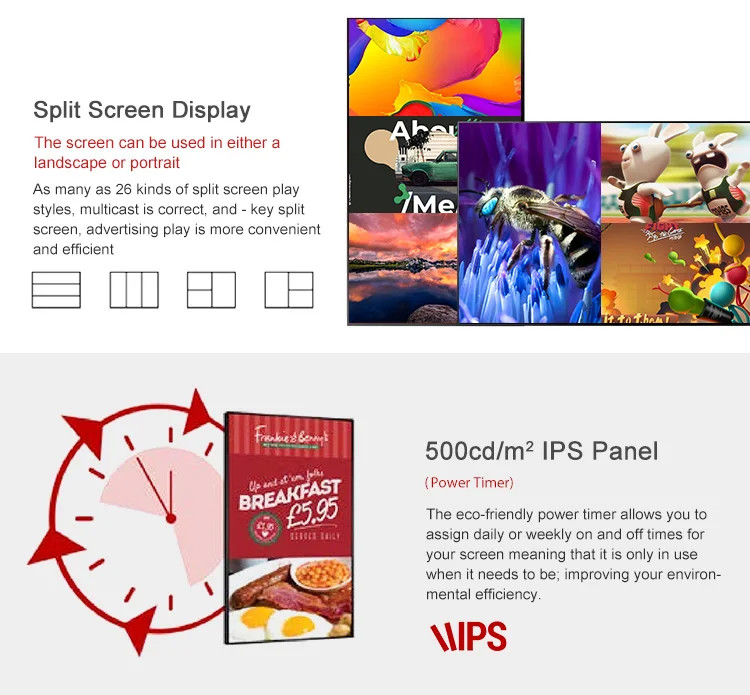 Hot sale 32/43/55/65 75 inch LCD Digital Signage commercial digital signage wall mounted siplit screen