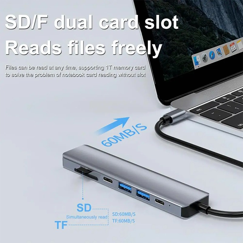 Gray 7 In 1 USB C To HDMI Adapter Hub Dock with 4K HD HDMI PD SD TF SD/TF Card Reader