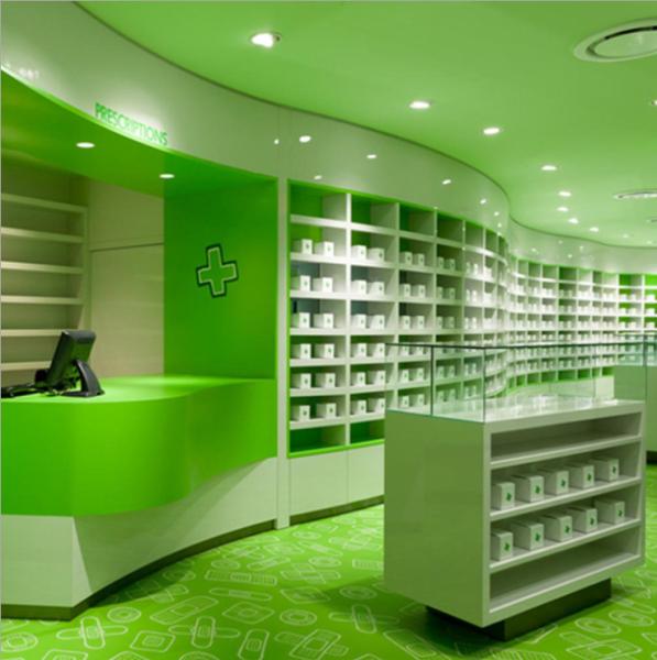 Fashionable Pharmacy Display Cabinet , Green Retail Pharmacy Shelving Multi