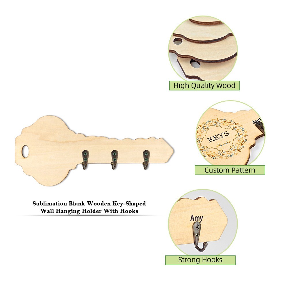 DIY Creative Sublimation Blank Wooden Key-Shaped Wall Hanging Holder With Hooks For Sublimation Photos Printing