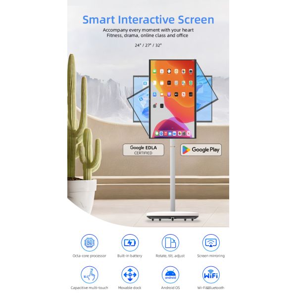 24" Portable Smart TV Touch Screen Android 12 Mobile Stand 10 Point Touch