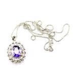 925 Silver 9mmx11mm Oval Amethyst Cubic Zircon Pendan Silver Chain Necklace