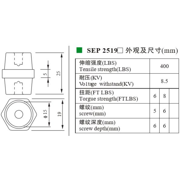 M6 Bus Support Insulators Low Voltage Hexagonal Height 25mm