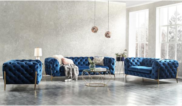 245cm Length Navy Blue 3 Seater Velvet Chesterfield Sofa For Villa