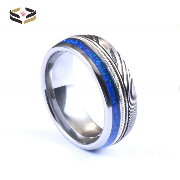 Men's Hunting Damascus Steel Wedding Bands 8mm Blue Opal Silver Guitar String Inlay