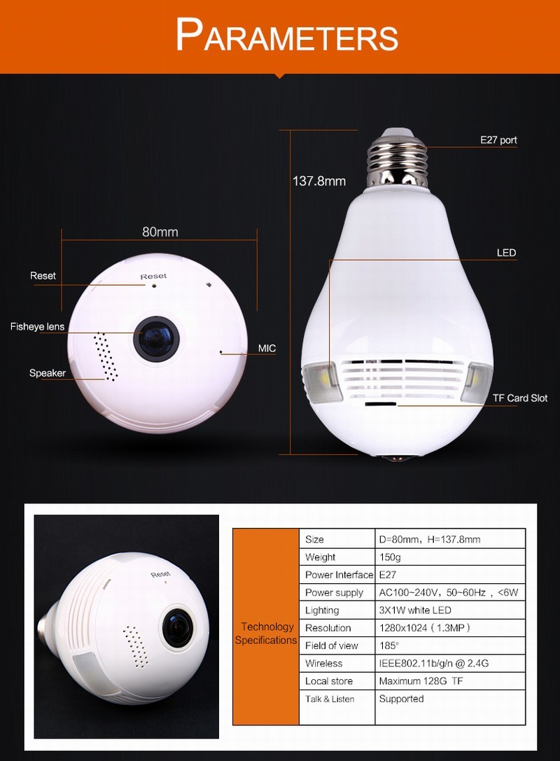 960P 360 Degree Fisheye Panoramic Wifi Wireless P2P Hidden IP Camera LED Bulb Light