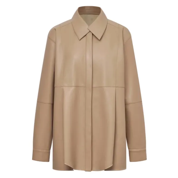 HONGJUN Milk Tea Faux Leather Coat