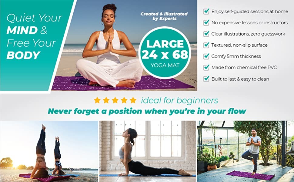 24" X 68" Instructional Non Slip Eco Friendly 70 Printed Poses Yoga Mat for Men and Women