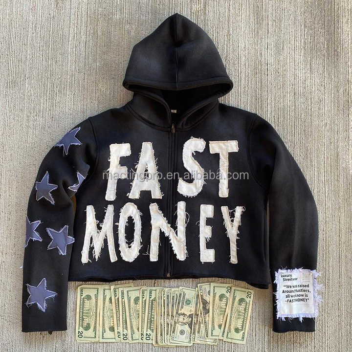 Custom Distressed Patch Embroidery Vintage Applique Men's Cropped Stone Acid Washed Hoodie