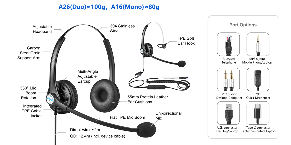 A Series Lightweight Wired Call Center Headset With Mic