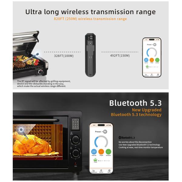 Waterproof Fast Charging BBQ Food Thermometer Wireless Digital Meat Thermometer for Kitchen Cooking with APP Control Alarm